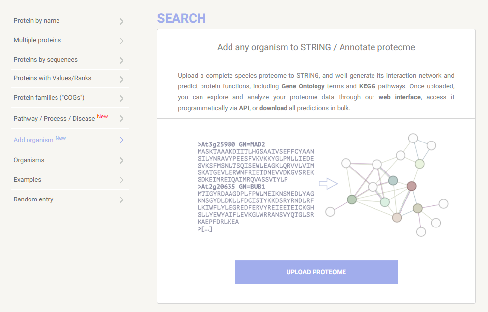 The "add organism" tool will let us generate a protein network for any custom species